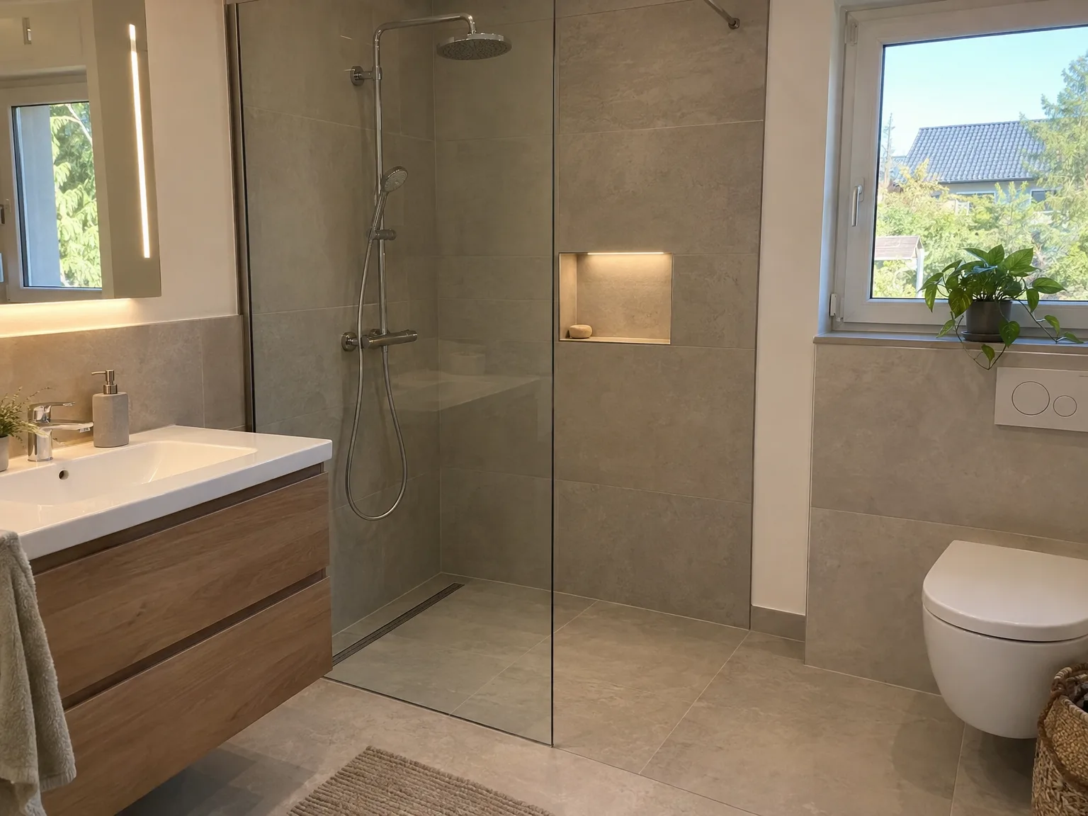 Modernisiertes Badezimmer mit bodengleicher Dusche und großformatigen Fliesen