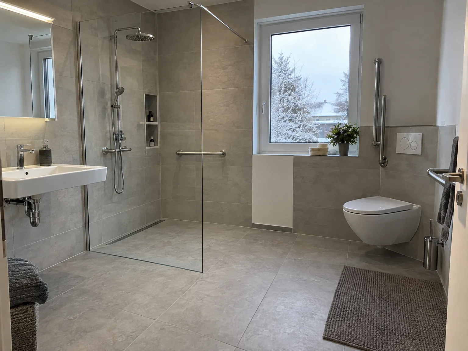 Saniertes Badezimmer mit bodengleicher Dusche und großformatigen Fliesen