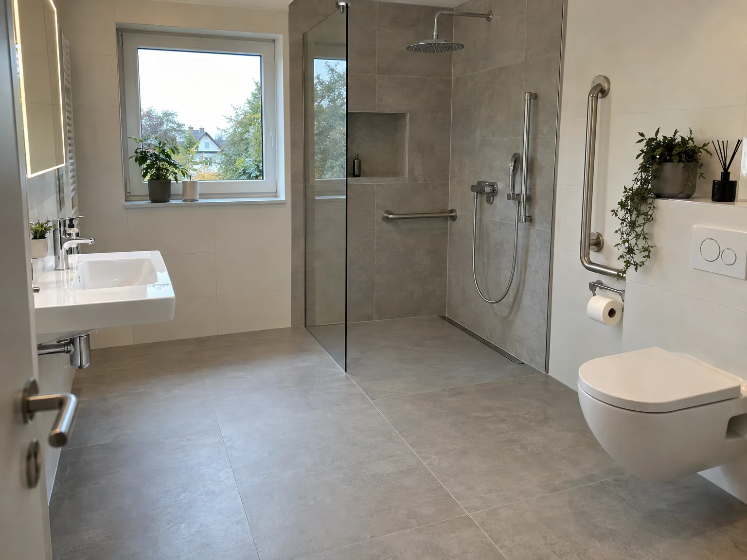 Bodengleiche Dusche mit großformatigen grauen Fliesen, Glaswand und modernem Badezimmer-Design