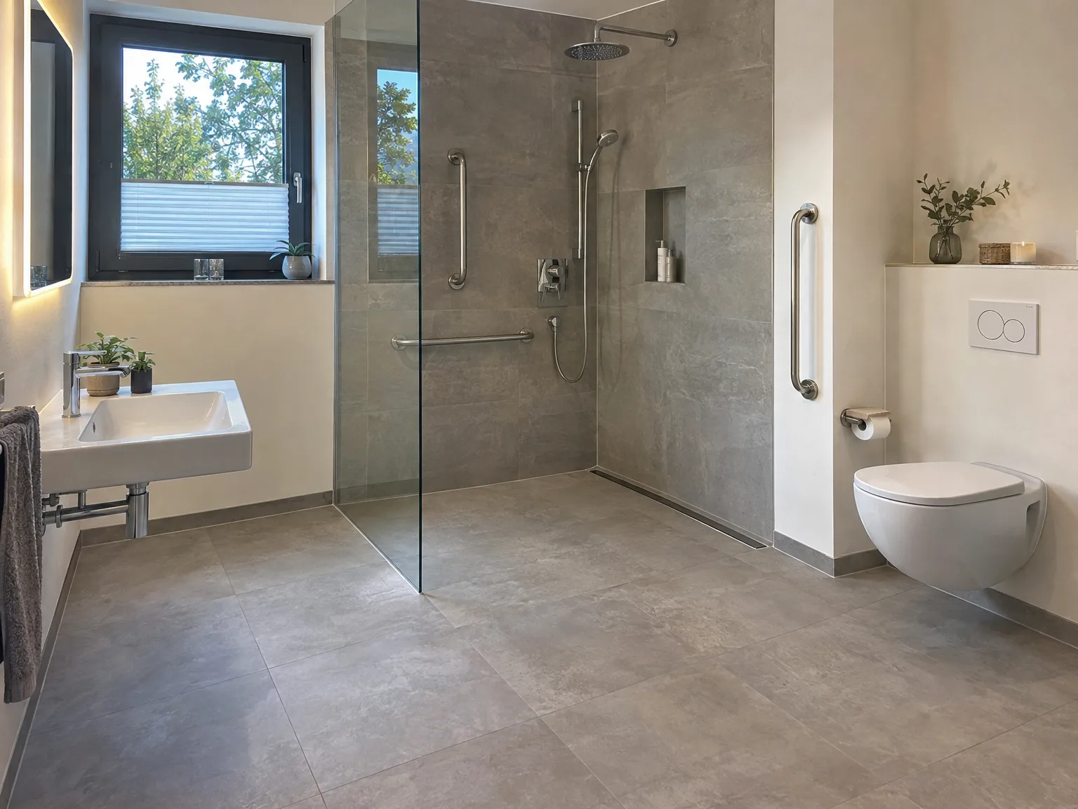 Bodengleiche Dusche mit großformatigen Fliesen in modern renoviertem Badezimmer