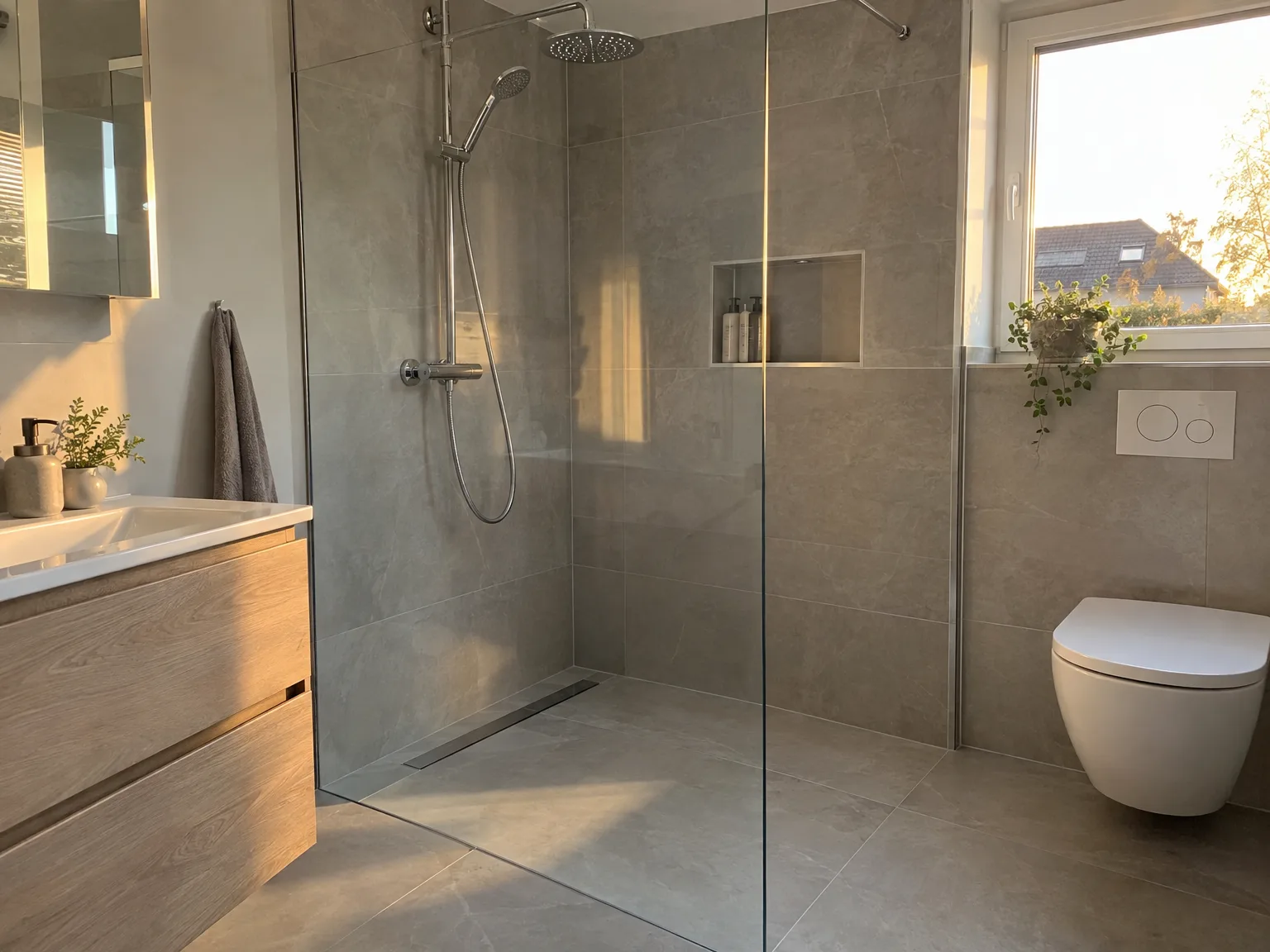 Modernes Badezimmer mit bodengleicher Dusche, großformatigen Betonplatten und Holzwaschtisch