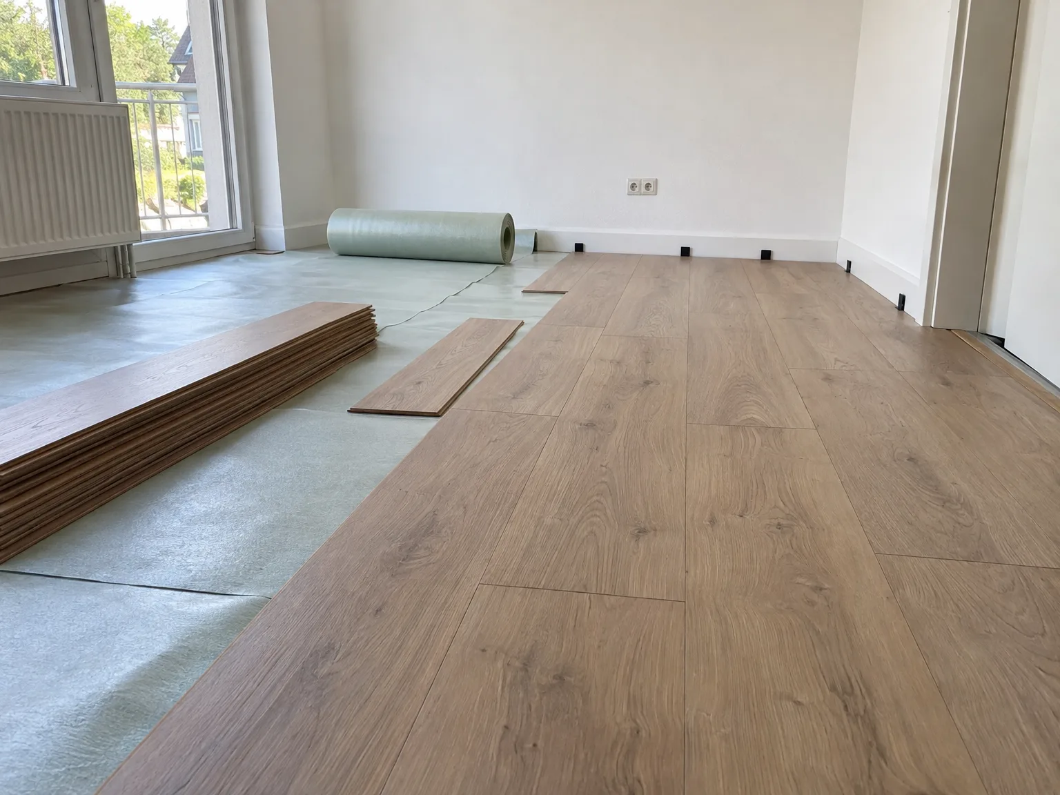 Laminat in Holzoptik wird verlegt, weißer Innenausbau im Fortschritt