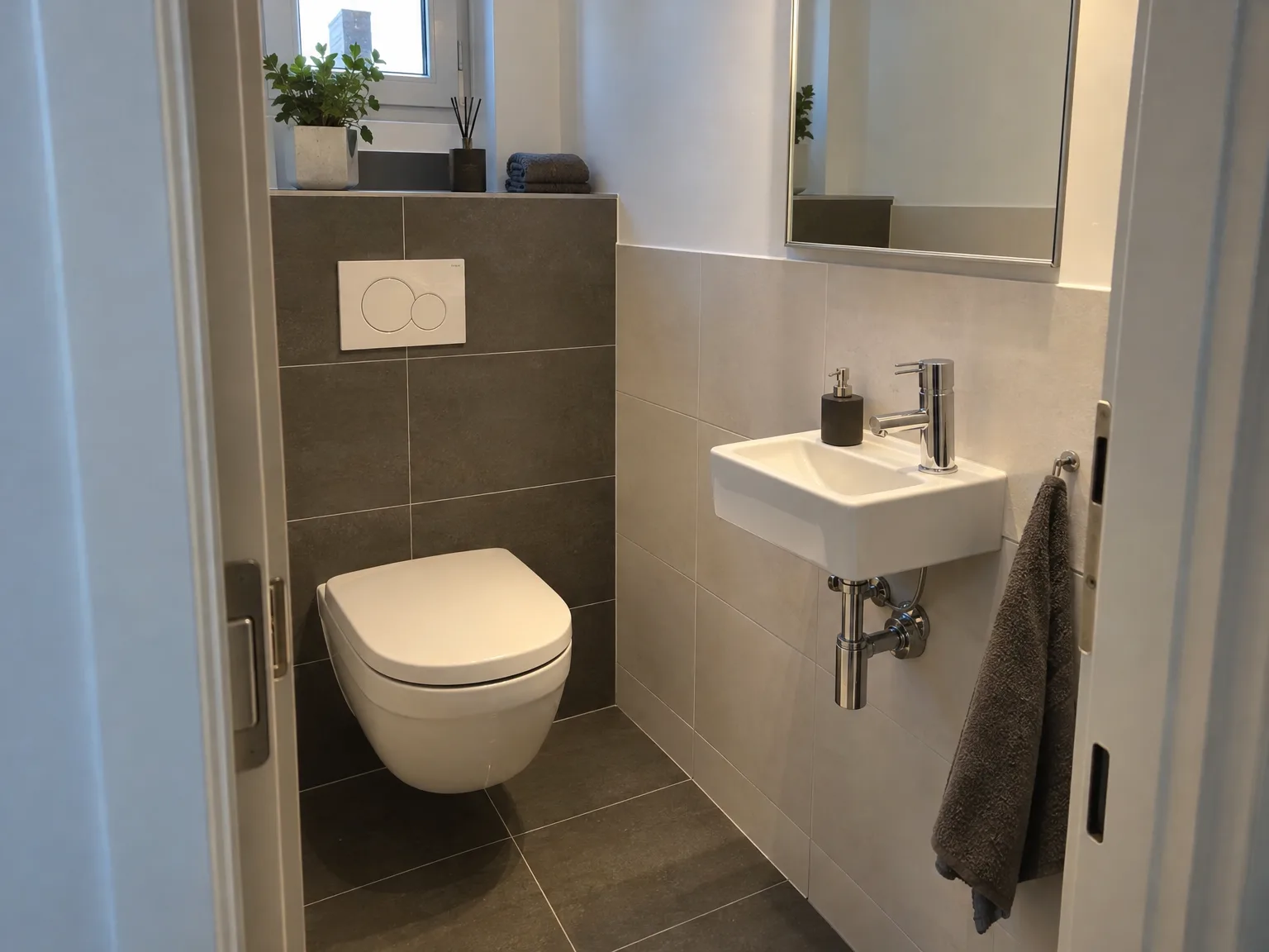 Renoviertes Gäste-WC mit hängender Toilette, großformatigen Fliesen und modernem Waschbecken