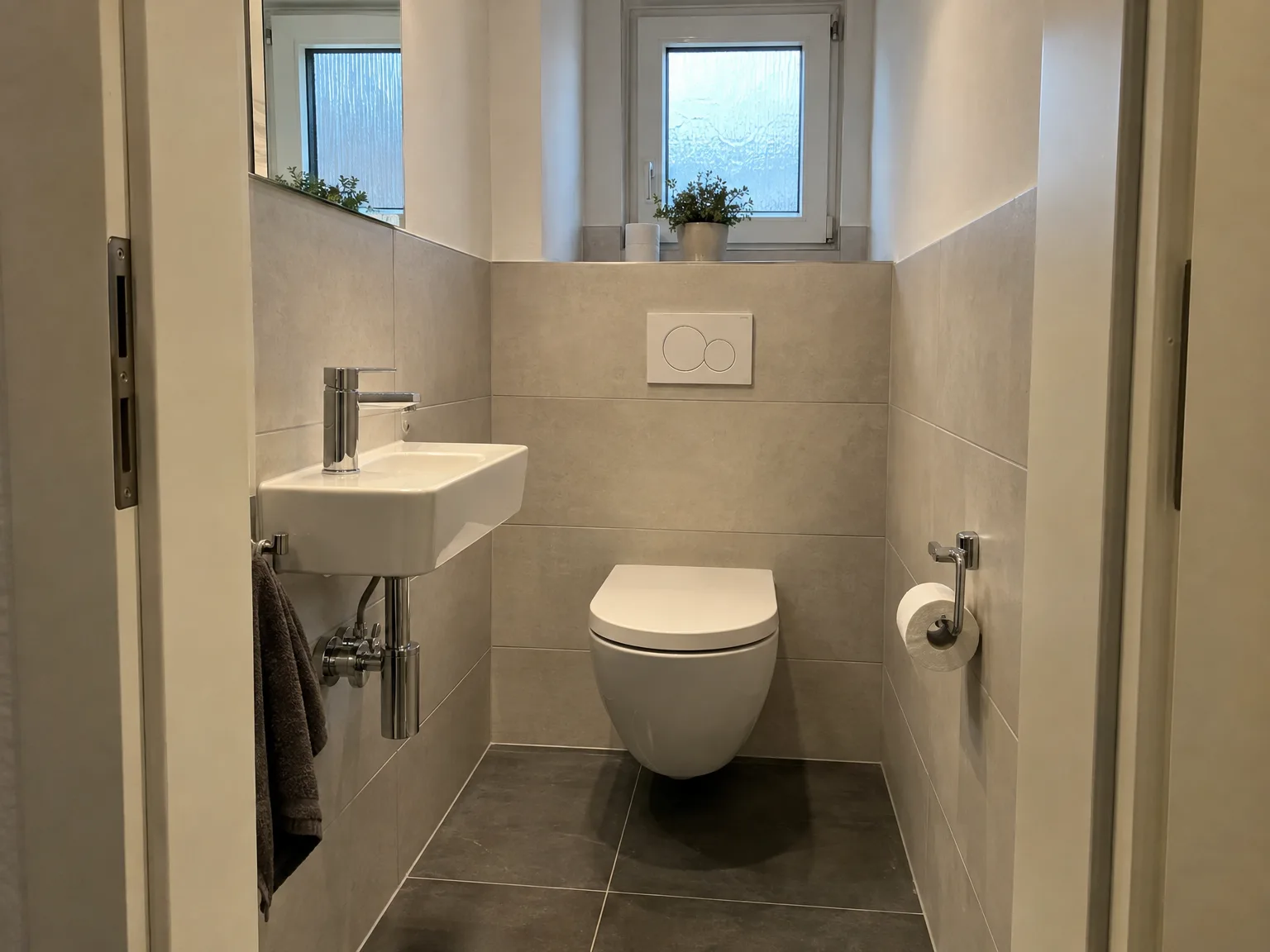 Renoviertes Gäste-WC mit großformatigen Fliesen und Wandtoilette
