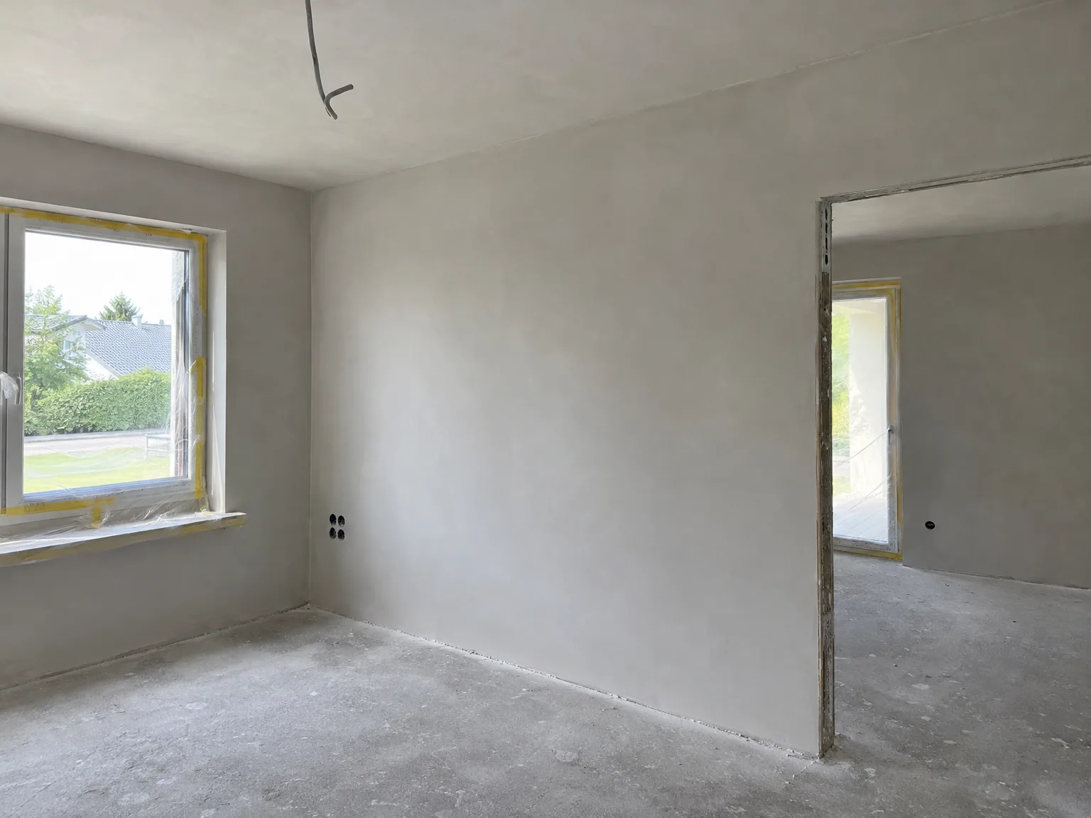 Verputzte und gespachtelte Innenwand mit Fenster und Betonboden während der Innenausbau-Arbeiten