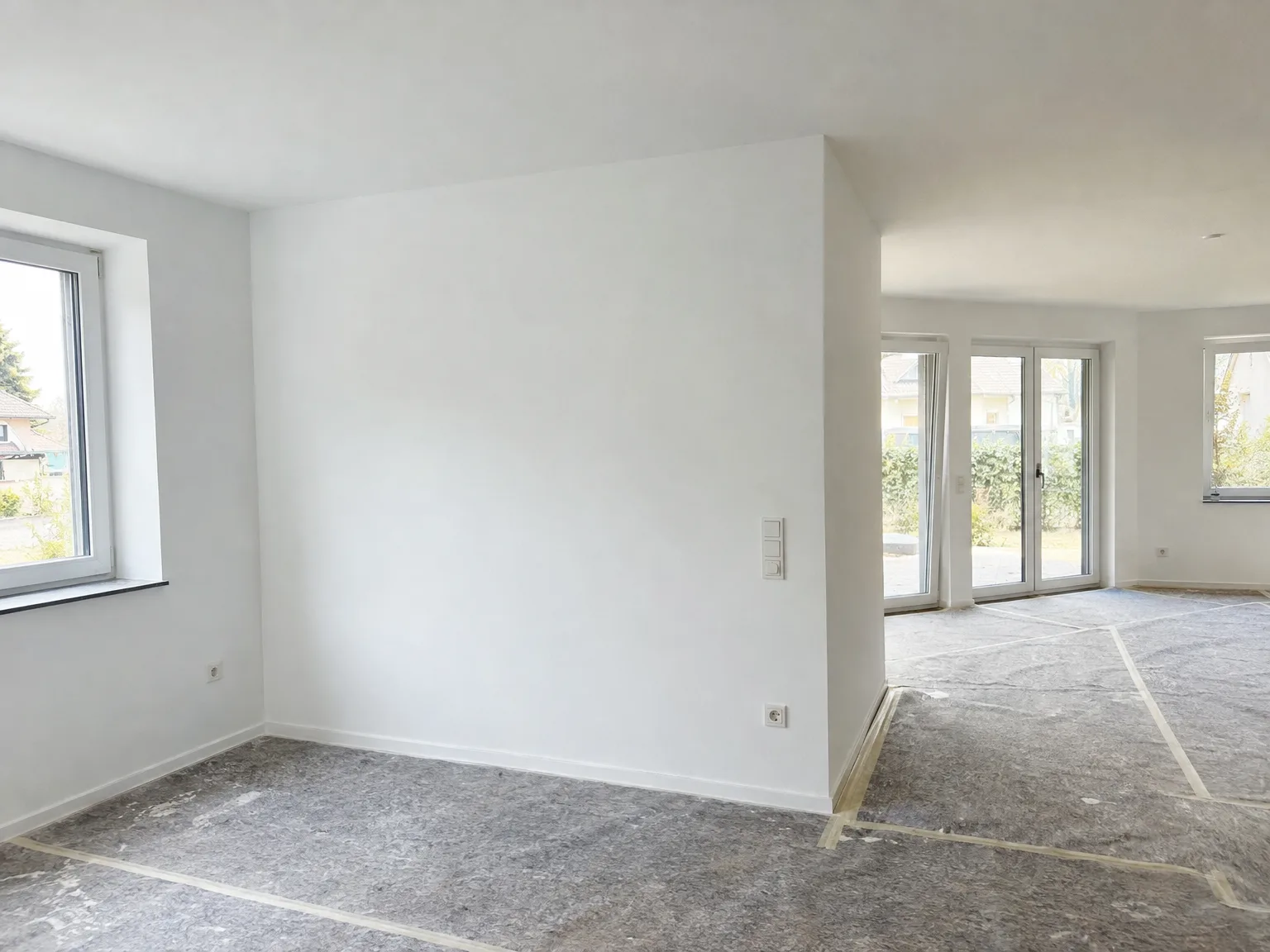 Wohnraum während der Renovierung mit weißen Wänden und schützender Folie auf dem Boden