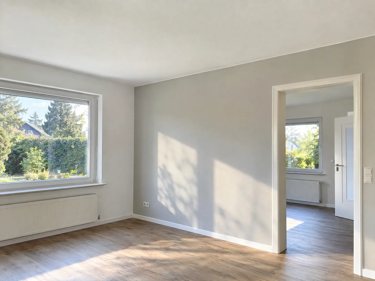 Modernes Wohnzimmer mit Parkettboden, gestrichenen Wänden und großem Fenster