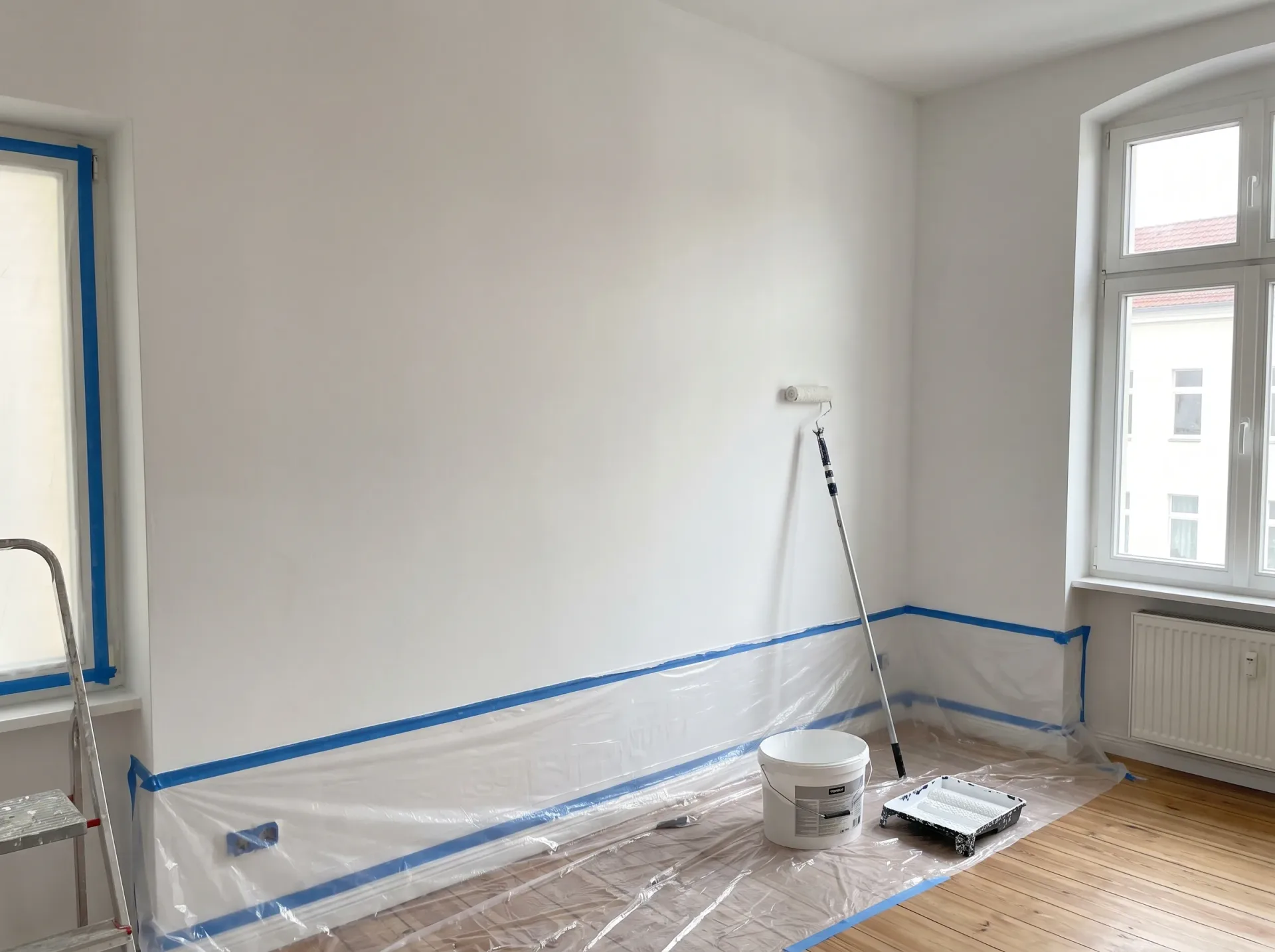 Professionelle Vorbereitung eines Raumes mit Schutzfolie, Malerband und Farbeimer für Malerarbeiten