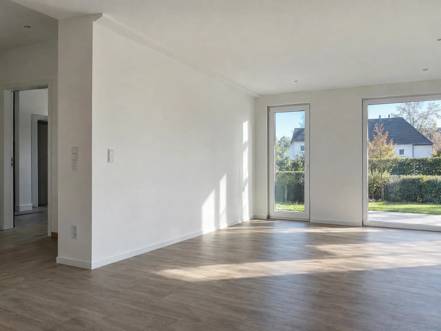 Helles Wohnzimmer mit modernem Holzfußboden und großen Terrassentüren nach Innenausbau