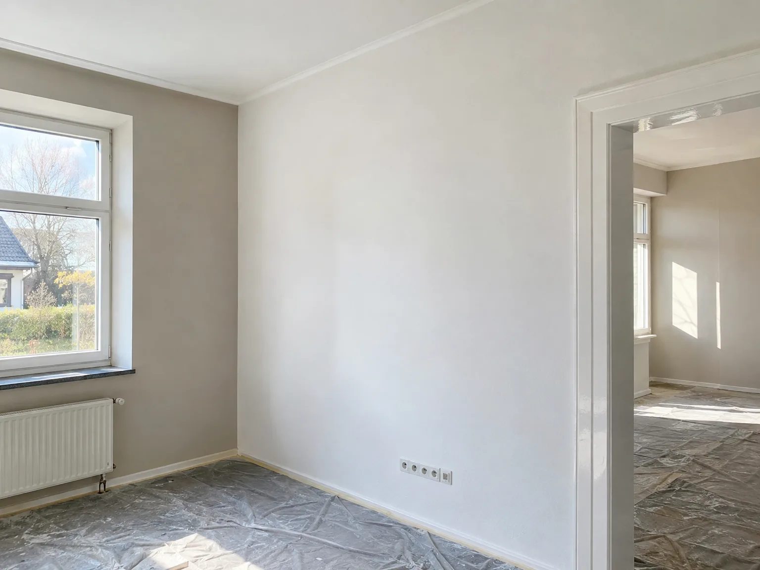 Frisch gestrichene weiße Wohnzimmerwand mit glatter Oberfläche bei Malerarbeiten