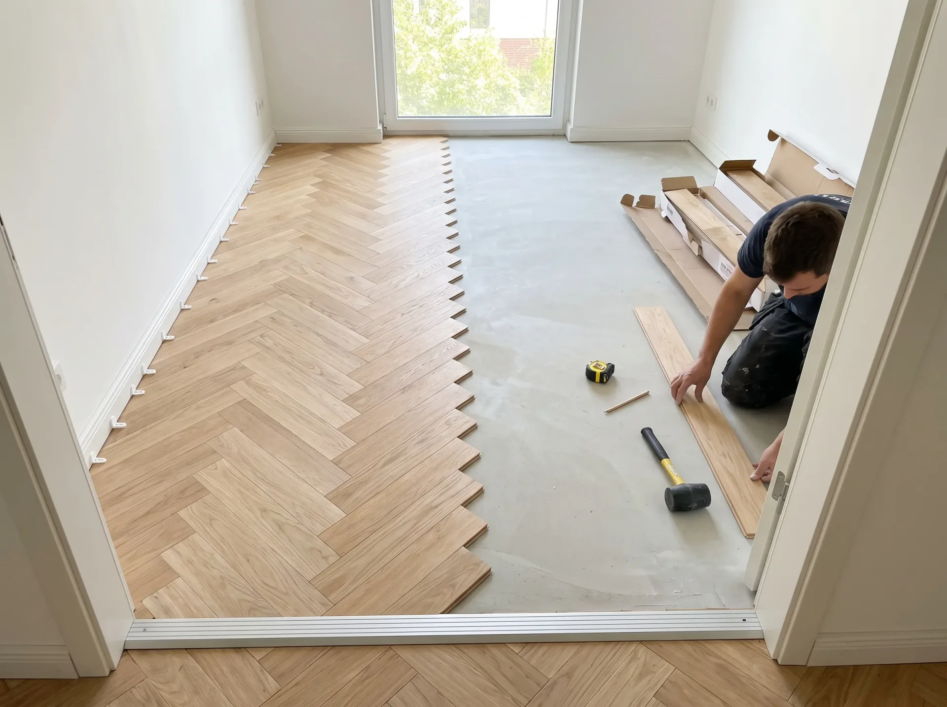 Verlegung von Parkettboden im Herringbone-Muster - Professionelle Parkettverlegerarbeit