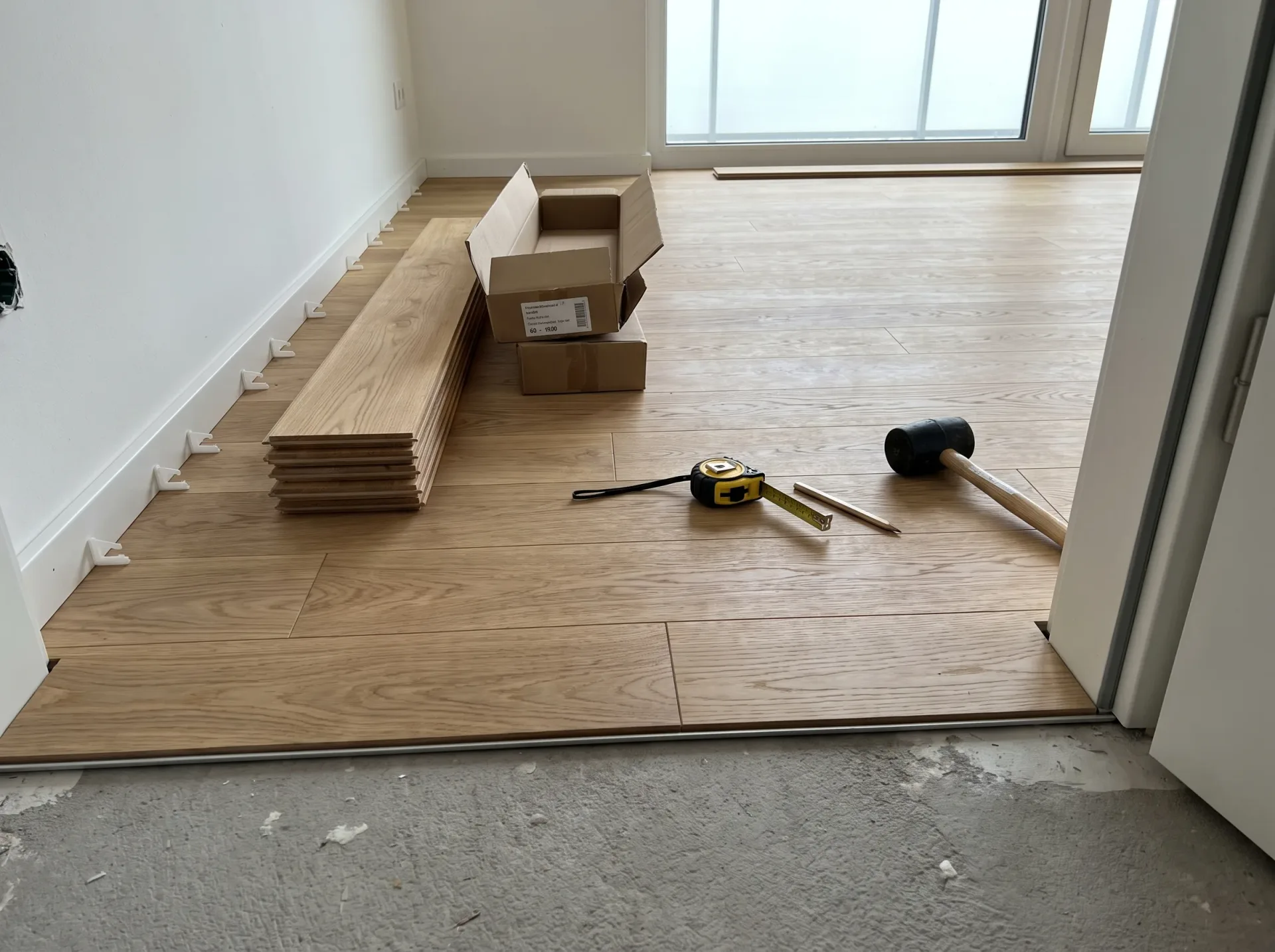 Verlegung von Laminatboden mit Werkzeugen, Holzpaneelen und Versandkartons im renovierten Wohnraum