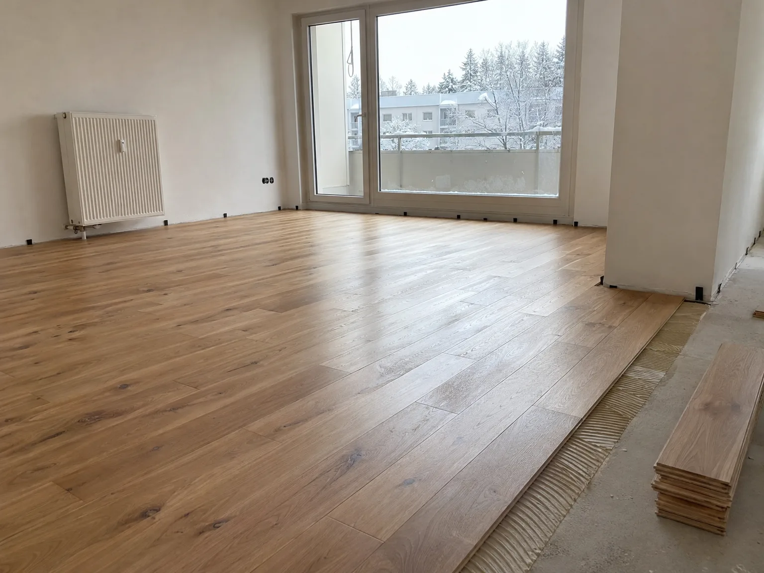 Helles Parkett verlegen in Wohnzimmer mit großem Fenster