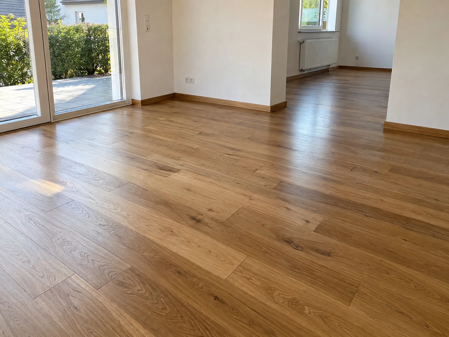 Renovierter Raum mit neu verlegtem Parkettboden, hellen Wänden und großen Terrassenfenstern