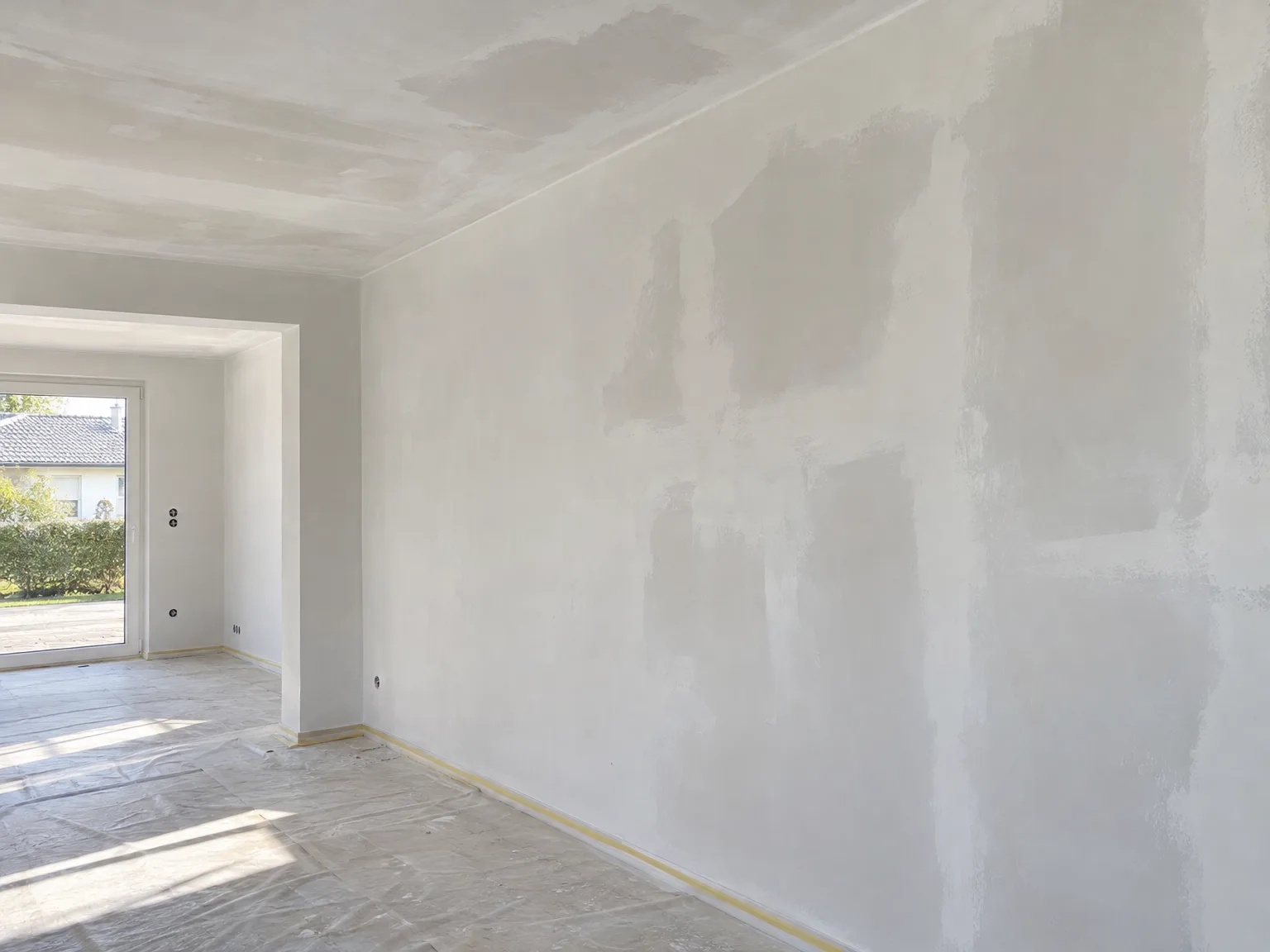 Gespachtelte Wände eines Raums während der Renovierung, fertig zum Streichen