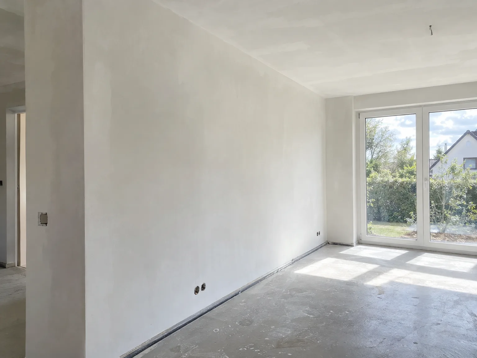 Neu verputzte Wohnräume mit weißen Wänden, Betonboden und großzügigen Fensterfronten im Innenausbau