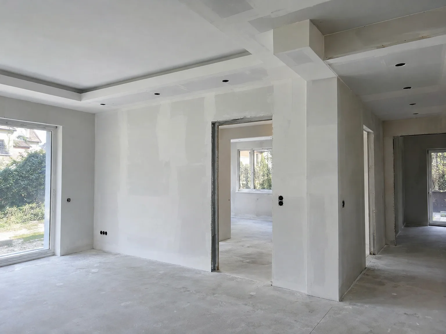 Renoviertes Innenraum mit weißen Trockenbau-Wänden und abgehängten Decken während Innenausbau