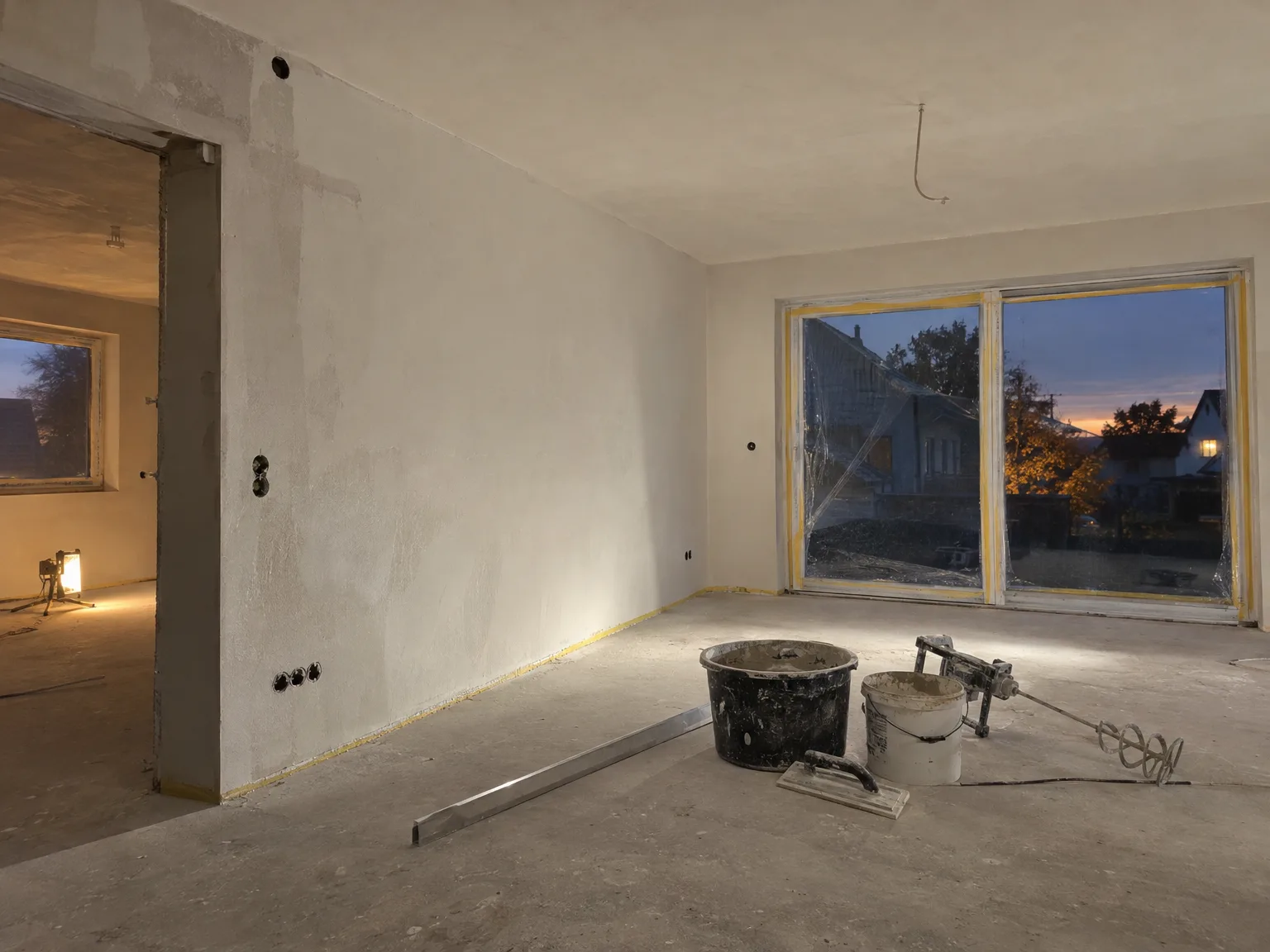 Zimmer mit gespachtelten Wänden, Stromleitungen und modernen Fenstern in Renovierung